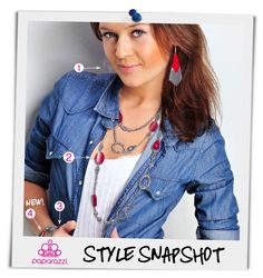 a woman wearing a denim jacket and red earrings with the words style snapshot below her