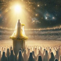 a painting of a woman standing in front of a group of people with the light shining on her