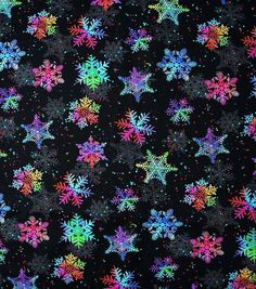 a black background with multicolored snowflakes