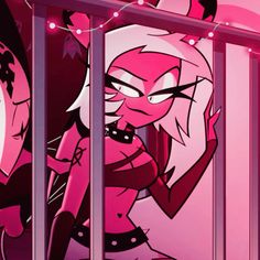 two cartoon characters standing behind bars in front of a pink wall with lights on it