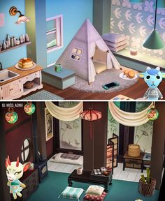 two pictures of a doll house with furniture and decorations