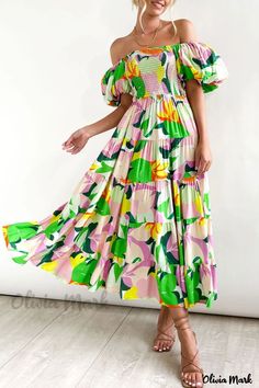 Color: Green, Size: M Backless Long Dress, Formal Occasion Dress, Elegant Midi Dresses, Printed Summer Dresses, Fairy Dress, Loose Dress, Maxi Wrap Dress, Tiered Dress, Types Of Skirts