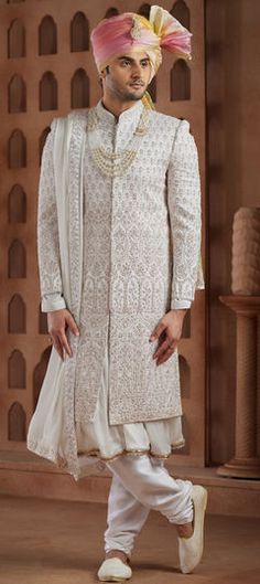 White and Off White color Sherwani in Art Silk fabric with Bugle Beads, Embroidered, Sequence, Thread work White Semi-stitched Bandhgala With Intricate Embroidery, White Semi-stitched Embroidered Bandhgala, White Cutdana Sherwani For Reception, White Resham Embroidery Churidar For Ceremonial Occasions, White Churidar With Intricate Embroidery For Ceremonial Occasions, White Semi-stitched Sherwani For Reception, White Traditional Wear For Eid Ceremony, White Sherwani With Intricate Embroidery, White Embroidered Fabric With Traditional Drape For Ceremonial Use