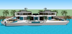 an artist's rendering of a house on the water with palm trees in the background