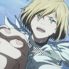 an anime character with blonde hair and green eyes holding his arm out to the side