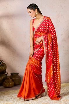 Red striped saree crafted in raw silk with all over pixie dust foil print and embroidered borders. Paired with a sleeveless embroidered strap blouse. - Aza Fashions Red Saree, Pixie Dust, Saree With Blouse, Printed Sarees, Only Fashion, Sweetheart Neck, Modern Aesthetics, Foil Print, Raw Silk