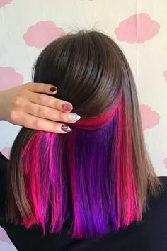 Peekaboo Fashion Color Hair, Peekaboo Hair Color 2023, Blonde And Peekaboo Color, Peekaboo Hair Color On Black Hair, Two Colored Hair Ideas, Red Orange And Black Hair, Colorful Peekaboo Hair, Color Pop Hair Ideas, Bright Highlights On Dark Hair