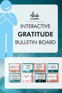 a sign that says interactive gratitude bulletin board with images of people and clouds in the background