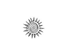 a black and white drawing of a sun with spirals on it's face