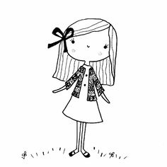 a black and white drawing of a girl with a bow on her head, standing in the grass