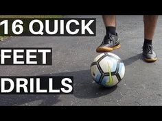 a person standing next to a soccer ball on the ground with text that reads, 16 quick feet drills