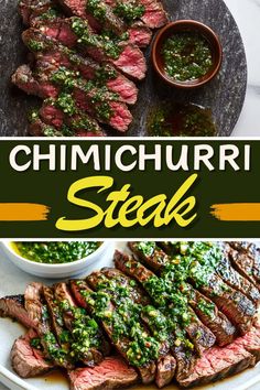 grilled steak with chimichurri sauce on top and the title overlay