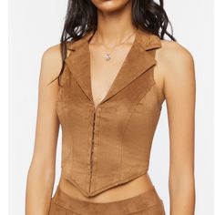 New With Tags Forever 21 Khaki Faux Suede Crop Top With Collar Clasp-Up Front, Corset Top Style Asymmetrical Hem Women’s Large Forever 21 Fitted Brown Top, Crop Top With Collar, Suede Crop Top, Top With Collar, Suede Tops, Thrift Flip, Corset Crop Top, Top Forever 21, Forever21 Tops