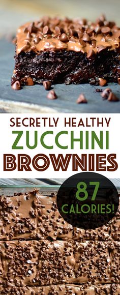 chocolate brownies with caramel drizzle on top and the title reads secret healthy zucchini brownies 8 calories