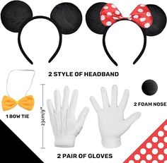 mickey mouse ears and headbands are shown with instructions for how to wear them