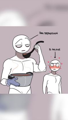 a cartoon drawing of a man holding a frying pan with his face covered in steam