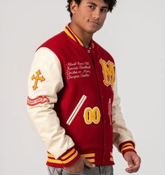 Miami Heritage Varsity Bomber Jacket In Red Unleash vibrant style with the miami heritage varsity bomber jacket. Crafted from premium wool with a quilted inner shell, it offers both warmth and trendiness. The Miami Heritage Edition detailing adds an exclusive touch. Snap button closure, rib-knit collar and cuffs, and two side pockets combine for a classic varsity look. Make a statement in bold red. Outer Shell: Wool Inner Shell: Quilted Feature: Miami Heritage Edition Closure Style: Snap Buttons Leather Shorts Women, Short Leather Skirts, Leather Jumpsuit, Vibrant Style, Distressed Jacket, Sheepskin Jacket, Western Jacket, Aviator Jackets, Custom Jacket