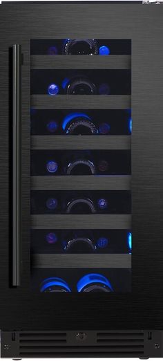 a stainless steel wine cooler with blue lights on the front and bottom shelves, is shown