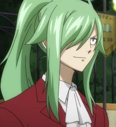 an anime character with green hair wearing a red jacket and white shirt looking at the camera