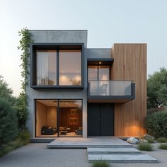 an exterior view of a modern house with wood and glass on the windows, stairs leading up to the second floor