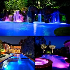 the pool is lit up with colorful lights and water features for an outdoor space that's perfect for entertaining