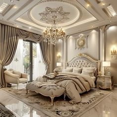 a luxurious bedroom with chandelier, bed and chairs in the middle of the room