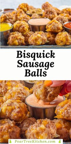 two pictures showing different types of sausage balls with dipping sauces on the top and bottom