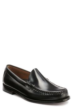 Rich leather elevates a handsome Venetian loafer styled with a moc toe and low heel that will lend a timeless sophistication to your office style. Cushioned footbed with arch support Leather upper and sole; unlined Imported Classic Moc Toe Oxfords For Semi-formal Occasions, Semi-formal Moc Toe Tassel Loafers, Casual Tassel Loafers With Moc Toe, Classic Moc Toe Oxfords For Business Casual, Classic Moc Toe Loafers For Business, Classic Moc Toe Business Loafers, Semi-formal Moc Toe Oxfords, Classic Formal Loafers With Moc Toe, Classic Black Boat Shoes