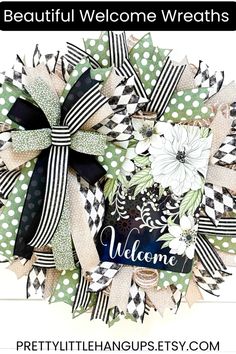 Welcome guests in style with this beautiful handmade wreath from Pretty Little Hang-Ups! Featuring a chic mix of green, black, and cream polka dots, stripes, and floral accents, this wreath adds a touch of elegance and charm to any entryway. Perfect for year-round decor or as a gift for someone special. Visit PrettyLittleHangUps.Etsy.com to make it yours! Year Round Wreath, Neighbor Gifts, Welcome Wreath, Farmhouse Wreath, Round Decor, Door Wreath Hanger, Summer Wreath, Spring Wreath