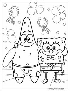 spongebob coloring pages for kids with an octopus and jellyfish in the background