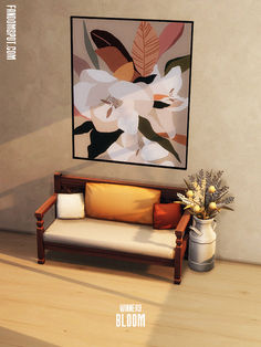 a painting hanging on the wall above a couch with pillows and flowers next to it