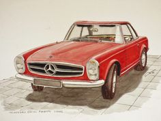 a drawing of a red mercedes benz coupe