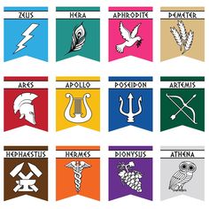 an image of the symbols of ancient greek nations in different colors and sizes with names