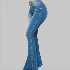 Love the fit on these vintage studded leg jeans.  The jeans are extremely comfortable, stretch perfectly, shows curves in all the right places.  These butt lifting flare leg jeans are slim fit,but gives in the thigh area for fit.  the fabric is stretchable, not see through,has a high waist, button/zip closure, side pockets,and a raw hem.  The length of the pants are quite long, i wear mine with 4 inch heeled boots, and they look so cool.  85% cotton, 13% polyester, 2% spandex  Ship US only.  Nex Womens Flare Jeans, Best Jeans For Women, Denim Decor, Bootcut Jean, Denim Pants Women, Jeans Material, Boot Cut Denim, Waist Jeans, Best Jeans