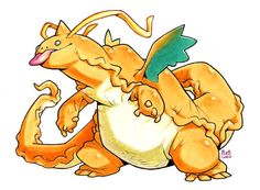 a drawing of a yellow and green dragon sitting on its back with it's tongue out