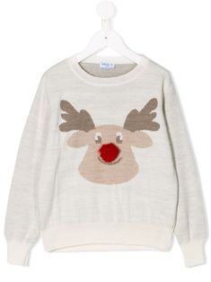 Panna white wool blend Reindeer knit jumper from Siola featuring a ribbed crew neck, long sleeves, an intarsia knit and a ribbed hem and cuffs. Embroidered Jumper, Armani Kids, Mandarin Collar Shirt, Versace Logo, Ralph Lauren Kids, Boys Sweaters, Tracksuit Set, Kids Logo, Boys Top