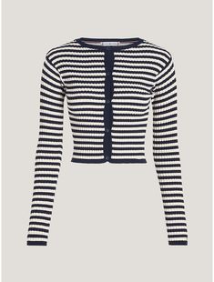 Tommy Hilfiger women's sweater. A mini cable knit weave dresses this cardigan, styled in a slim cropped fit.  Material: 70% Viscose (scv), 30% Polyesther Pes. Tommy Hilfiger Outfits, Tommy Hilfiger Store, Knit Cropped Sweater, White Desert, Desert Sky, Fitted Cardigan, Tommy Hilfiger Sweater, Tommy Hilfiger Women, Woven Dress