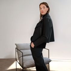 designed to look like the runway but work in real life, too — like when you need to move( it's super stretchy) or need to stuff your jacket in your bag (it’s wrinkle-resistant!). cut from a scuba like soft fabric, durable recycled nylon and spandex blend that’s machine washable and stretches to move with you. Hip Length, Oversized Fits, Soft Fabric, Soft Fabrics, To Look, Real Life, Length Sleeve, Full Length, That Look