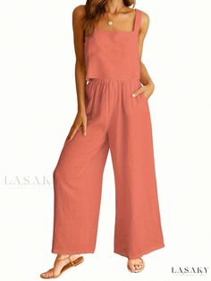 Lasaky - Sleeveless Tank Top with Square Neckline and Wide Leg Pants Casual Set Matching Lounge Set, Wide Leg Pants Casual, Fitted Romper, Linen Jumpsuit, Tie Design, Dark Orange, Jumpsuit With Sleeves, Ribbed Tank Tops, Pants Casual