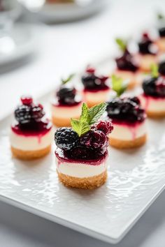 small desserts are arranged on a white plate