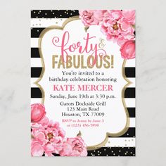 a birthday party card with pink flowers on black and white stripes, gold foil lettering