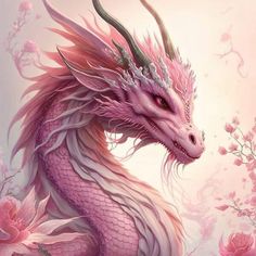 a pink dragon sitting on top of a lush green field