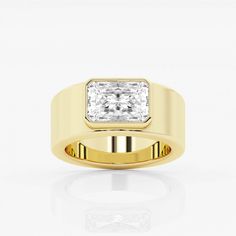 a yellow gold ring with a princess cut diamond in the center, on a white background