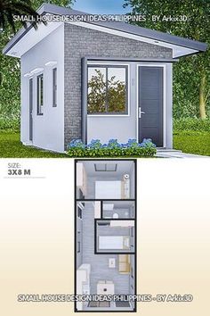 the small house is shown with its floor plan and elevation views for each room in it