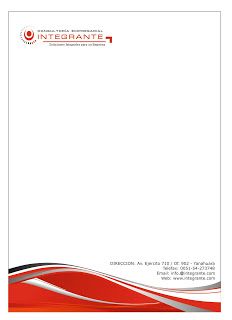 a red and white business letterhead with an abstract design