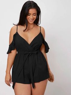 SHEIN Plus Cold Shoulder Belted Romper | SHEIN USA Affordable Plus Size Clothing, Tie Waist Jumpsuit, Belted Romper, Outfit Shopping, Plus Size Jumpsuit, Trendy Plus Size Clothing, Black Romper, Shein Style, Shopping Store