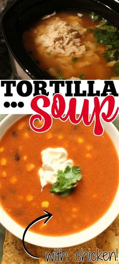 tortilla soup with chicken and sour cream in a black bowl on a table