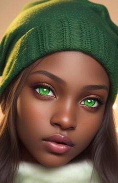 a woman with green eyes wearing a beanie