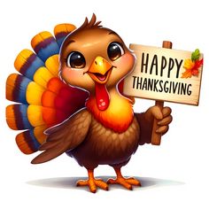 a cartoon turkey holding a happy thanksgiving sign