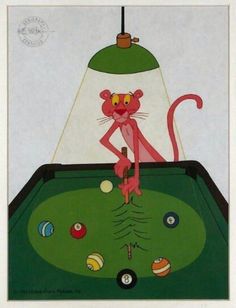 a painting of a pink cat on top of a pool table with a lamp above it